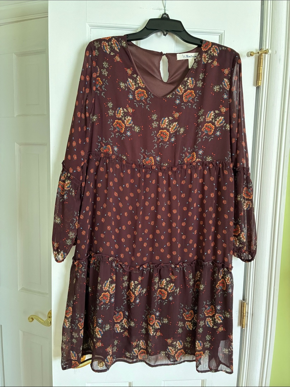 Floral Tiered Chiffon Dress - Burgundy. Size L - Picture 8 of 8